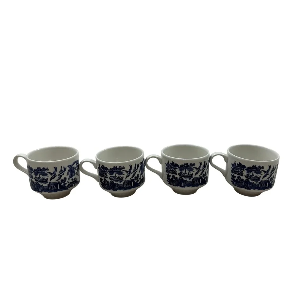 Vintage Blue Willow Tea Cups Set of 4‎ Made in England Blue White Chinoiserie